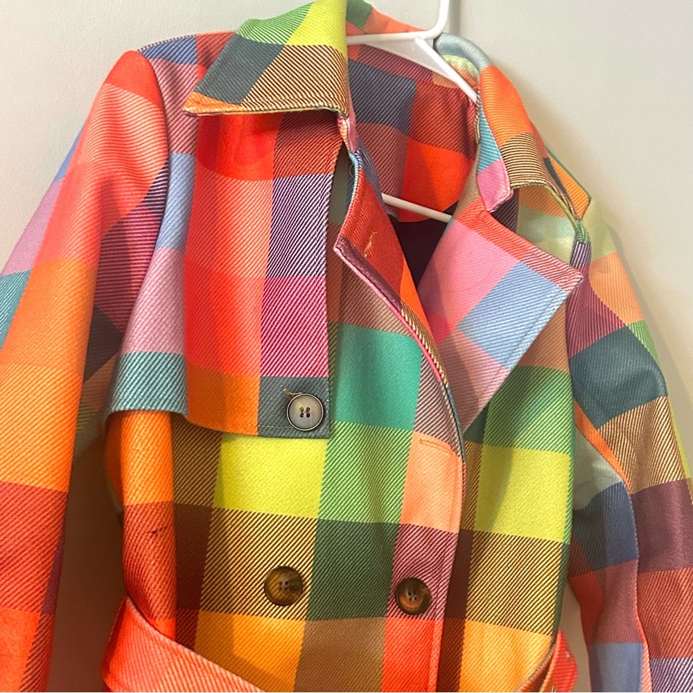 Colorful Plaid Trench Coat Belted Statement Jacket Women’s Small - Picture 4 of 5
